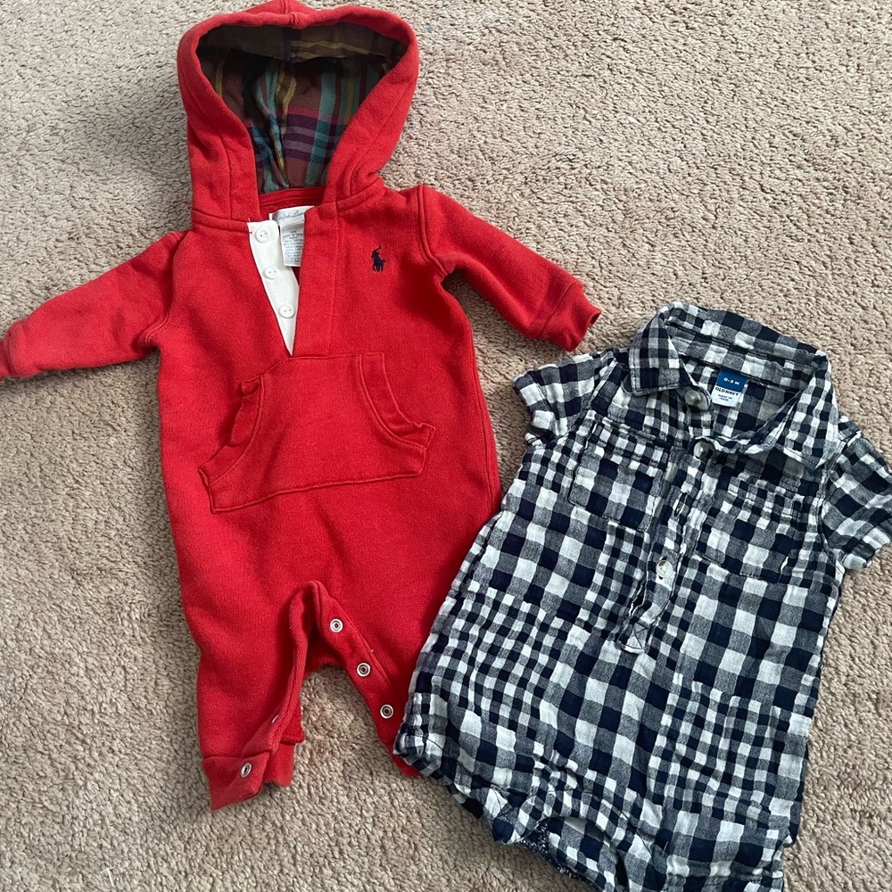 Bundle Red Ralph Lauren bodysuit and blue and white old navy jumpsuit